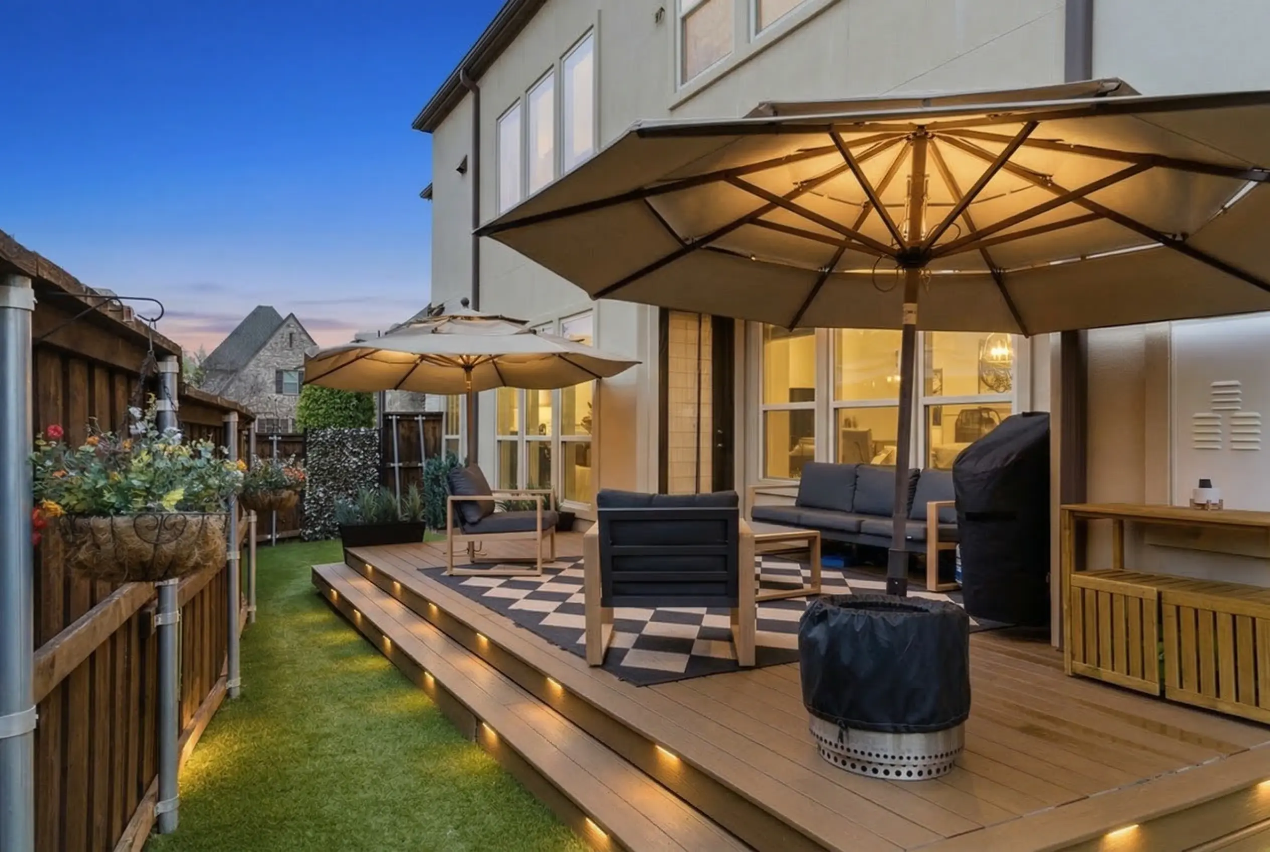 Outdoor living deck with umbrellas and lounge furniture