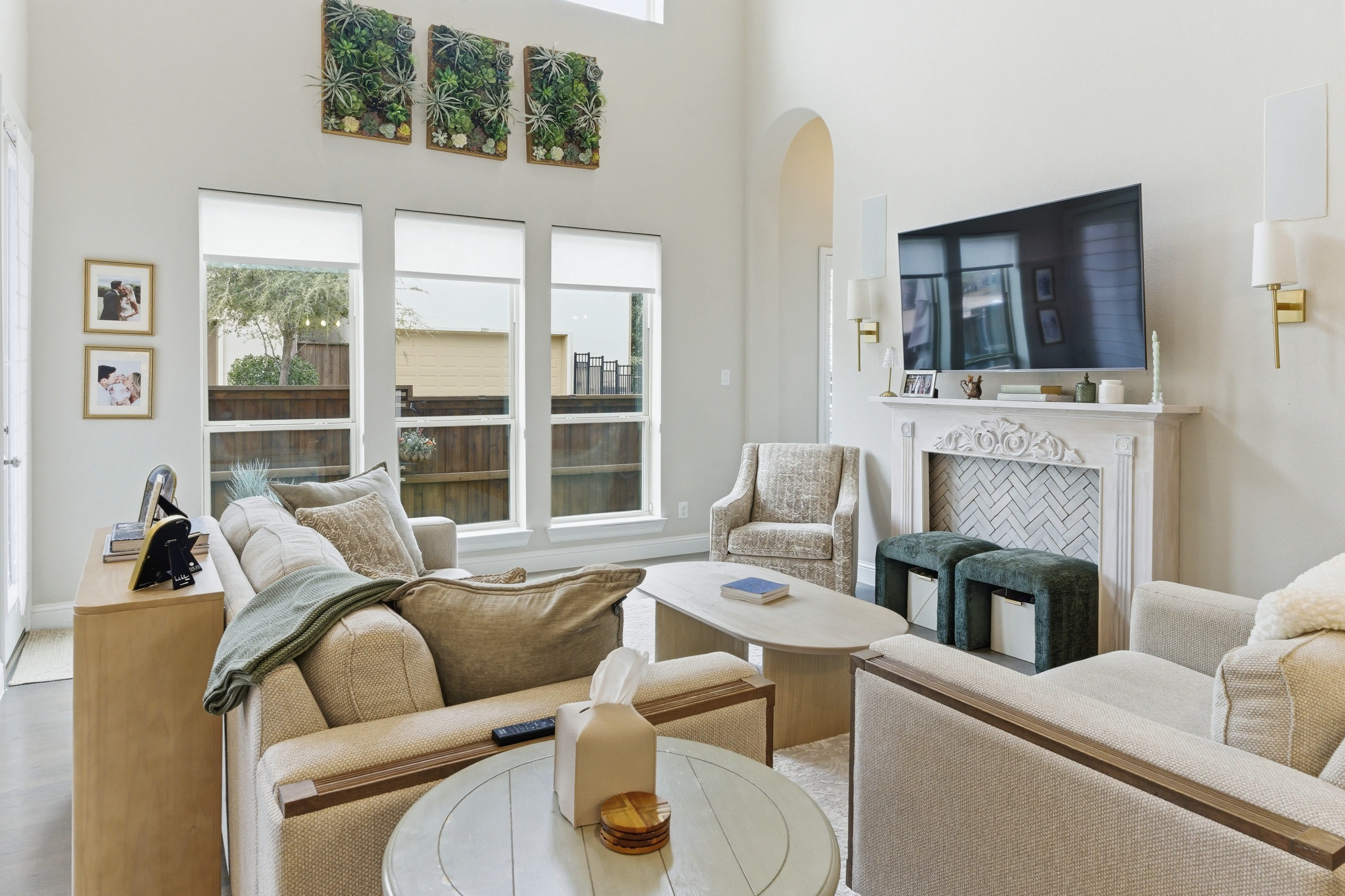 Family room with windows and fireplace